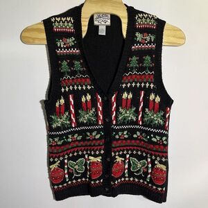 1998 Vintage Ugly Christmas Holiday Sweater Vest Beaded Sequins Ribbons‎ Bows